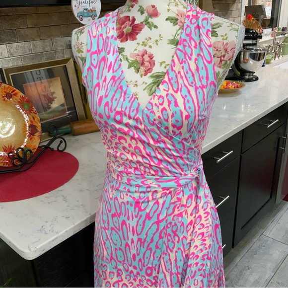 JB by Julie Brown Pink & Blue Lizzy Meow Leopard Print Wrap Dress XS New W/Tags - Picture 4 of 16